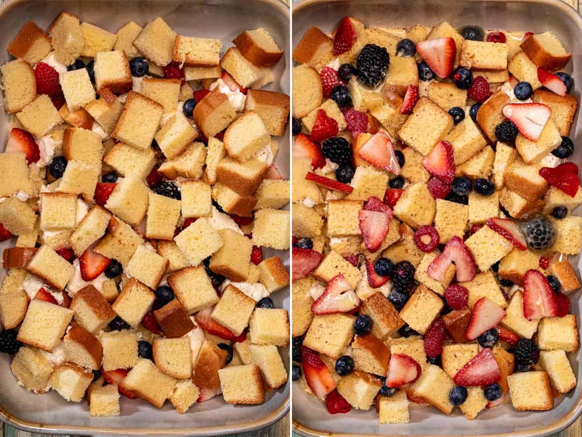 Adding another layer of bread cubes and fresh berries, then pouring French toast custard mixture over the top.