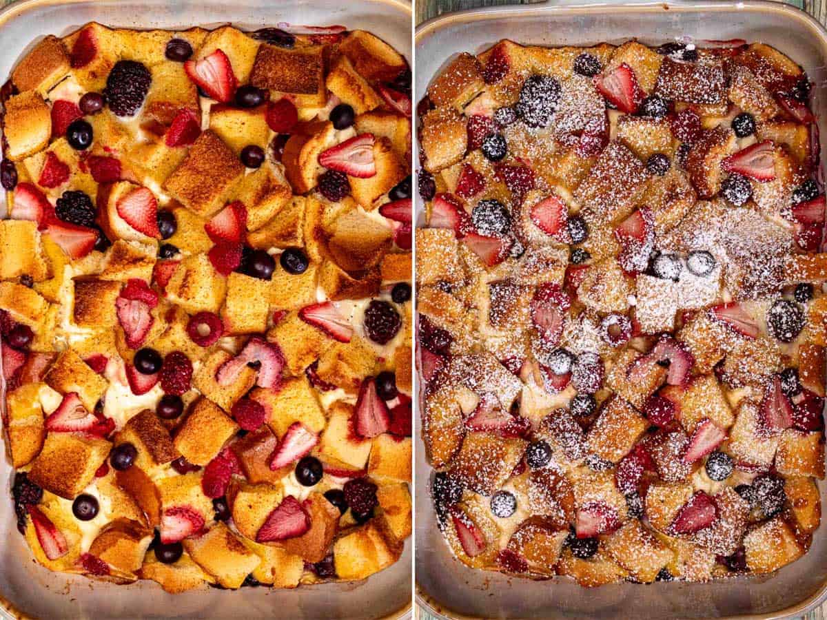Baking berries and cream French toast casserole the next day, then topping with powdered sugar.