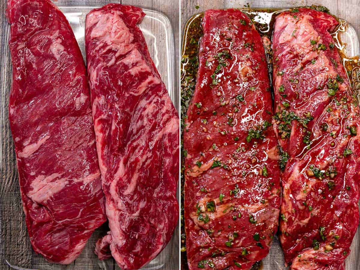 Adding skirt steaks to a glass baking dish and flipping them through carne asada marinade.