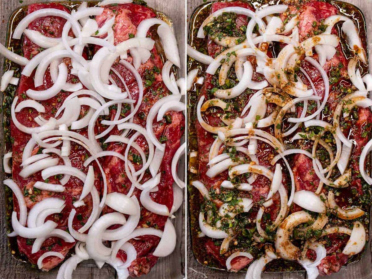 Topping marinading steaks with sliced onion, then covering with the rest of the marinade.