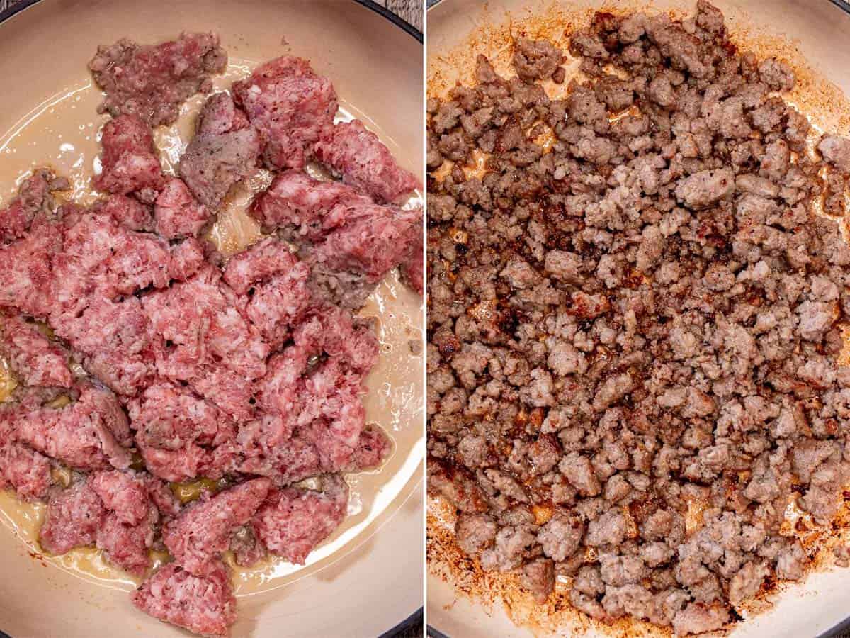 Breaking up and cooking breakfast sausage.