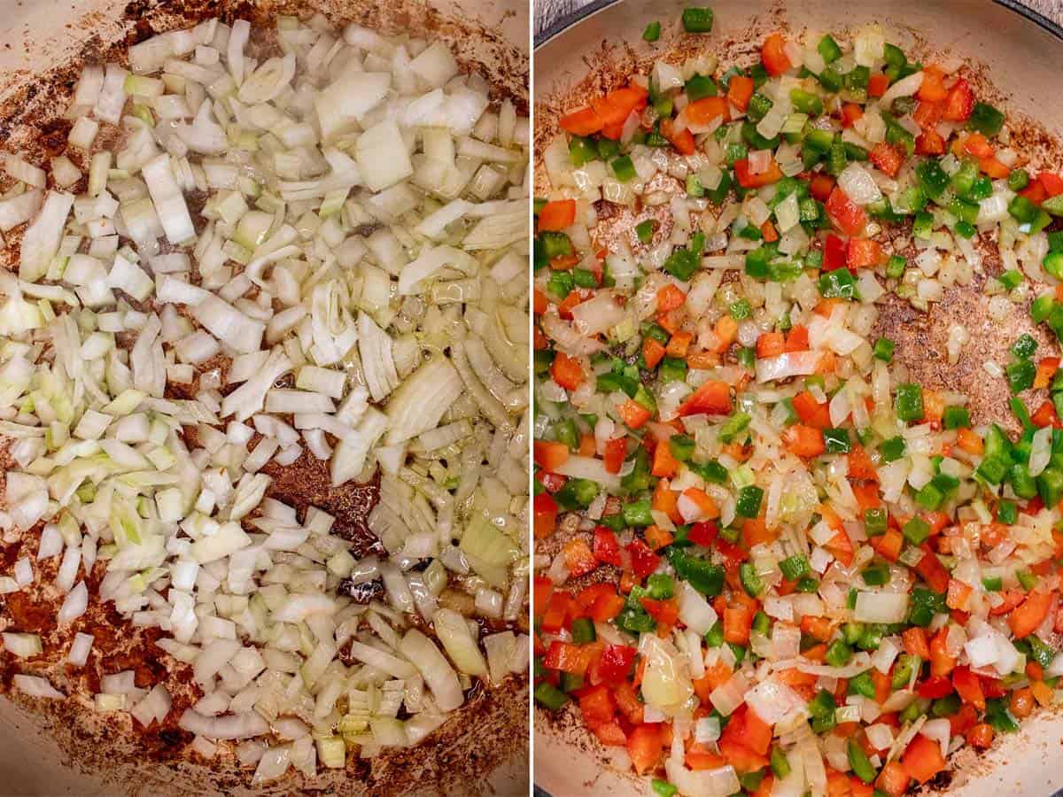 Sautéing diced onions, then adding diced bell peppers.