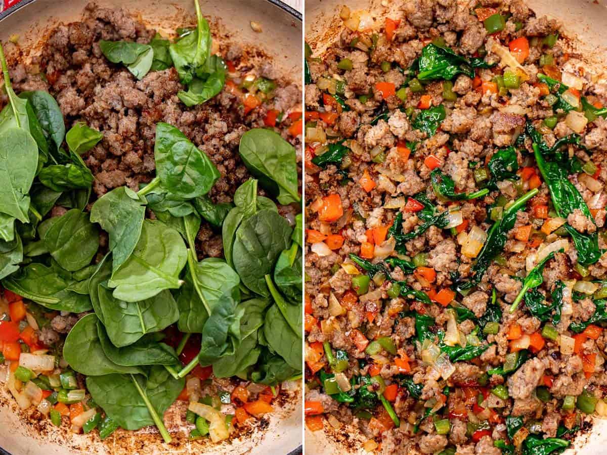 Adding garlic, cooked breakfast sausage, and baby spinach to the pan and cooking until the spinach wilts.