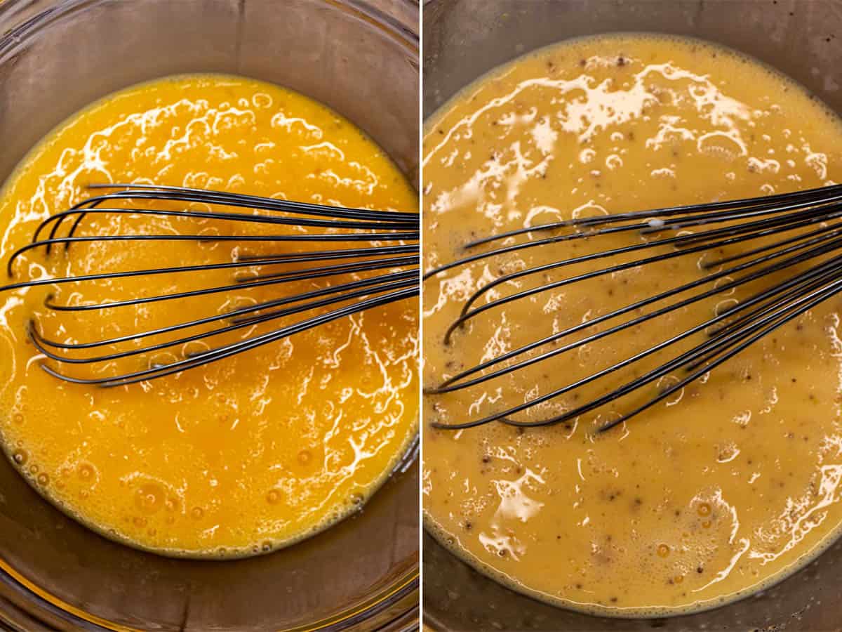 Whisking a dozen eggs, then adding cream and seasoning.