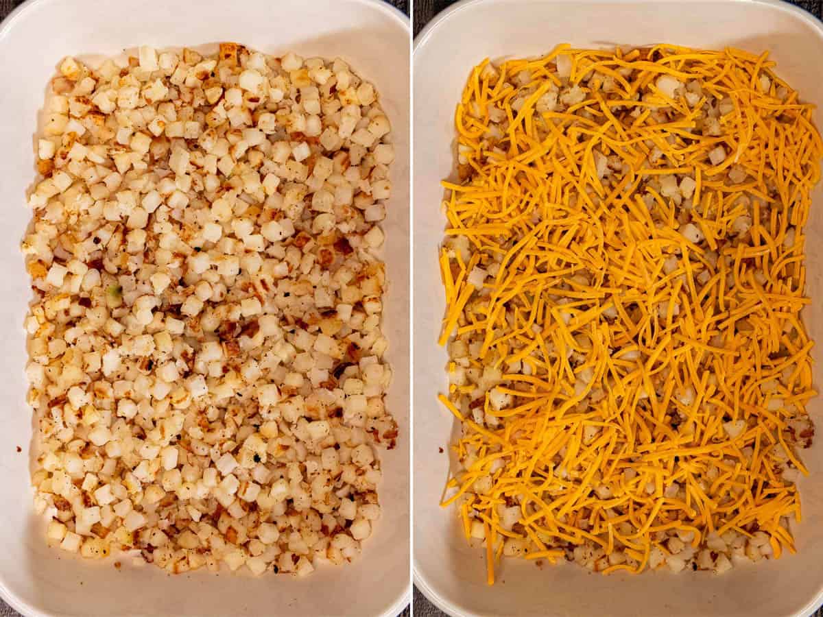 Layering the baking dish with hashbrowns and shredded cheese.