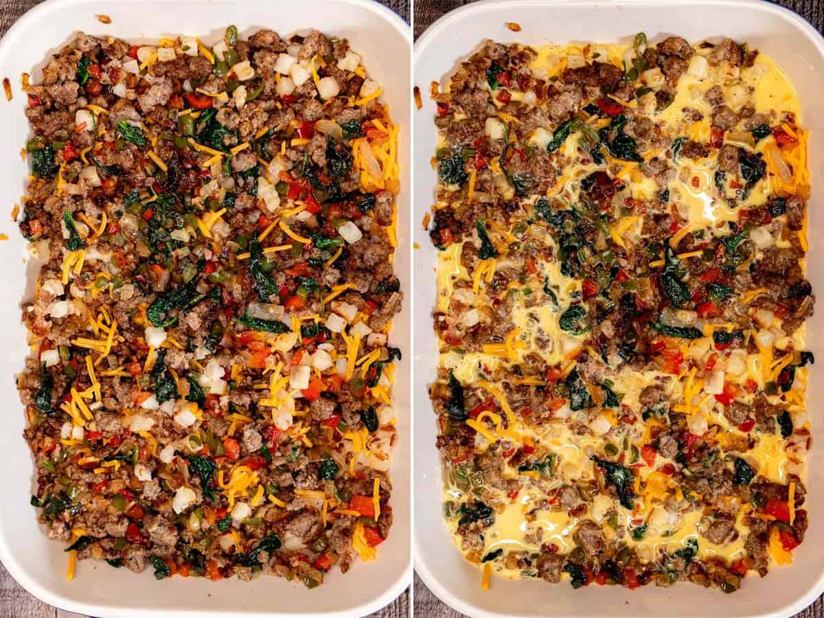 Adding sausage mixture to baking pan and covering with egg and cream mixture.