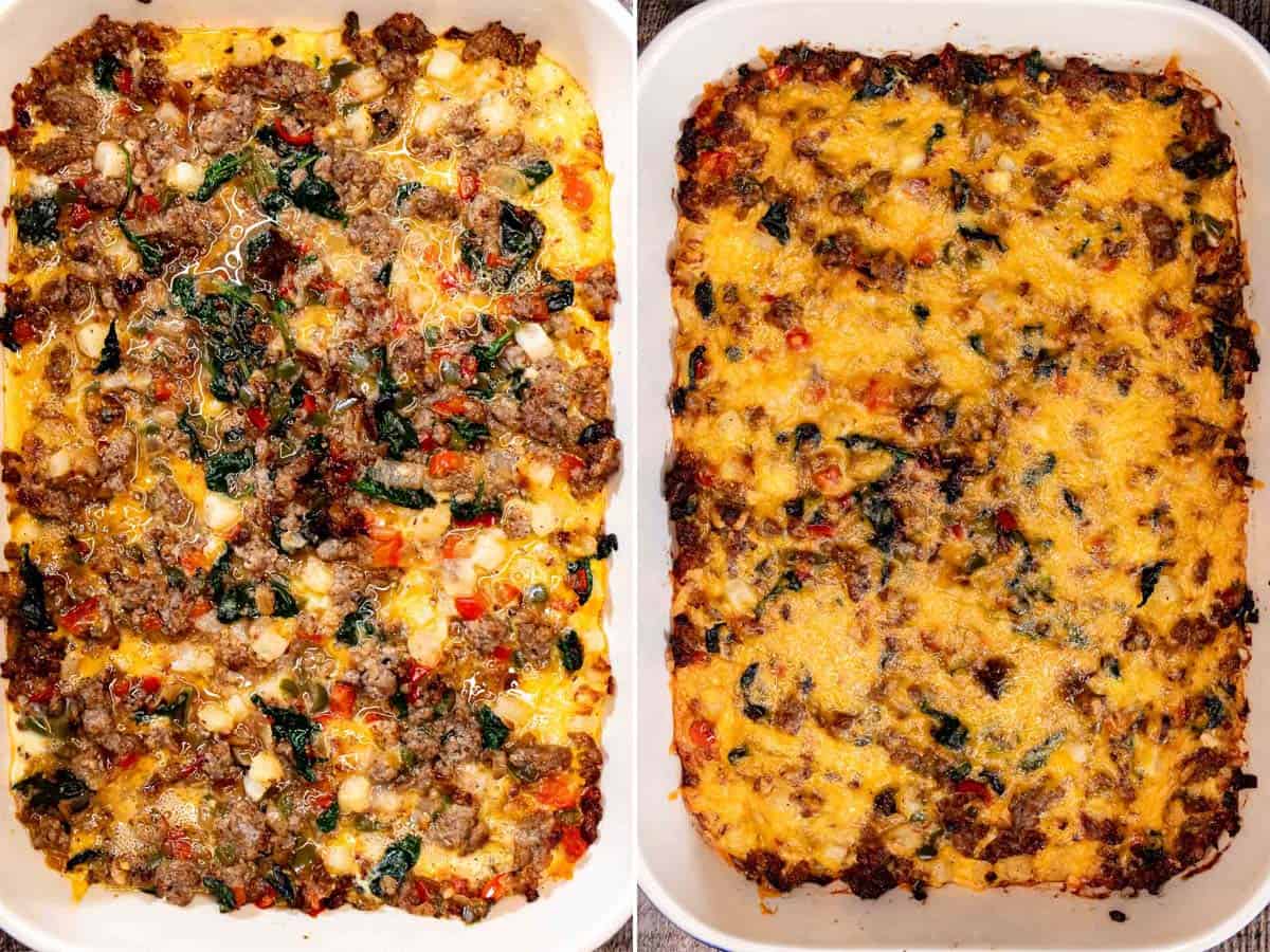 Baking the sausage and egg casserole and topping with more cheese near the end.