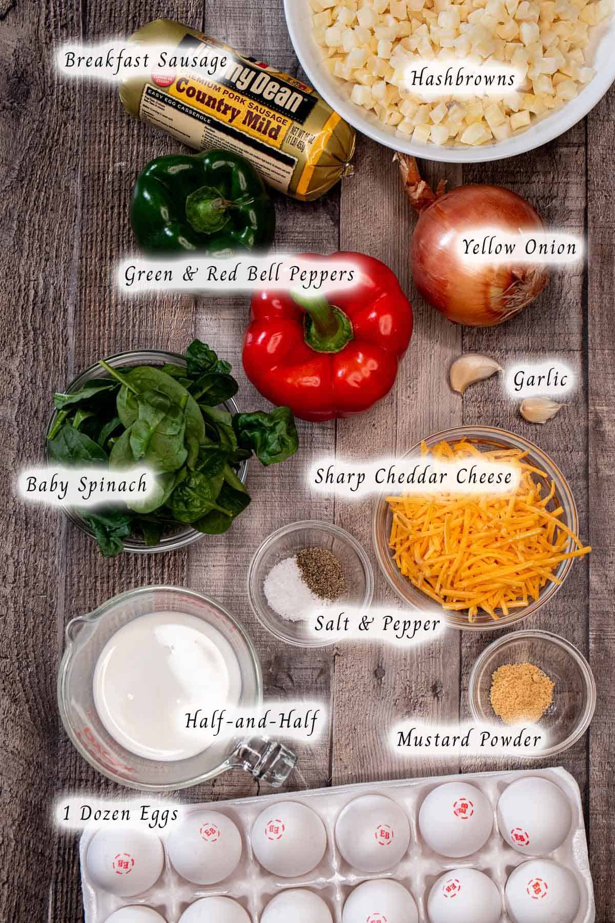 Ingredients for making a sausage and egg breakfast casserole with hashbrowns.