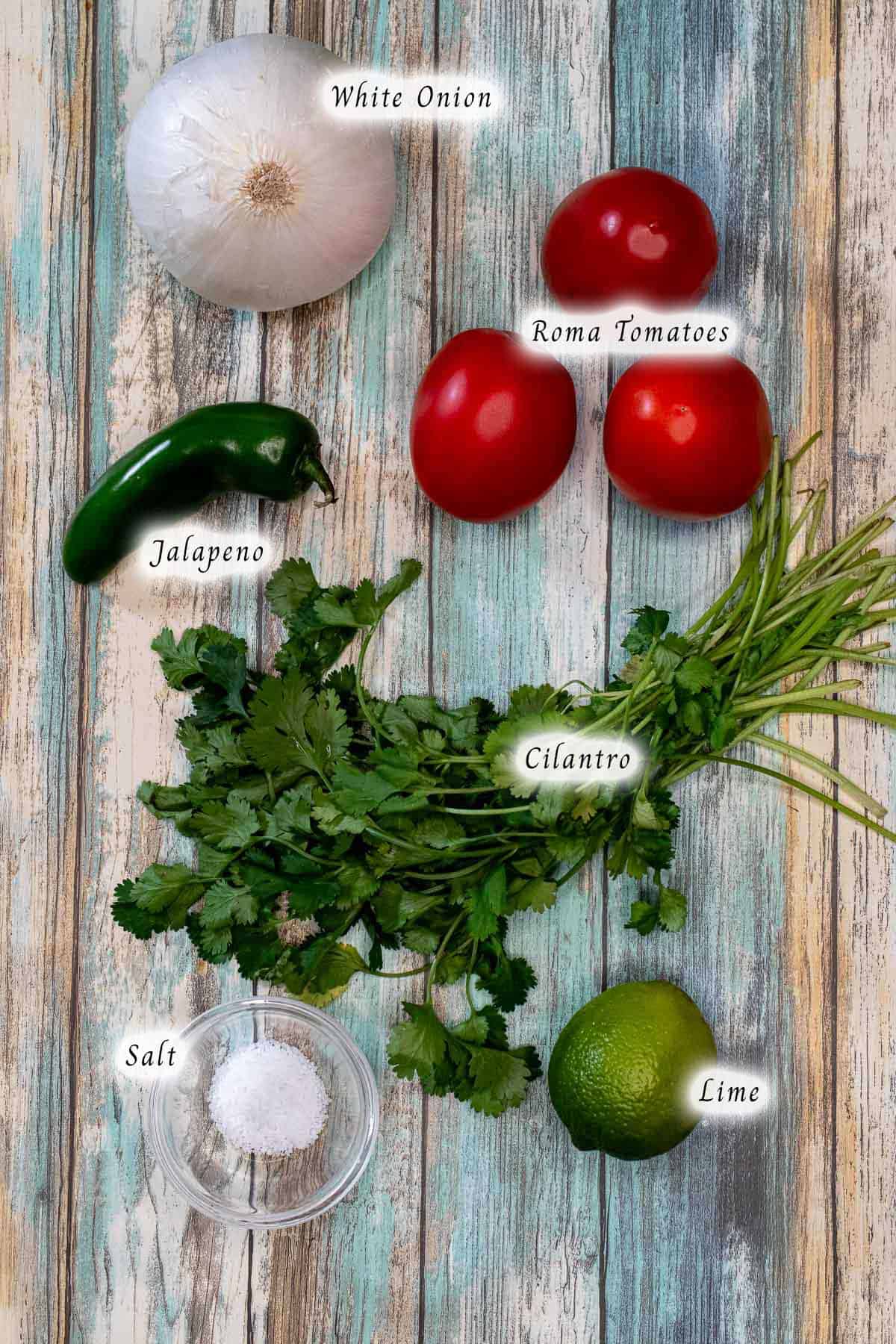 Ingredients for making authentic, Mexican pico de gallo.