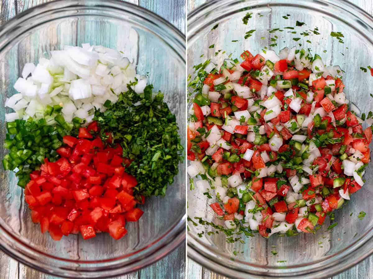 Using a glass mixing bowl to mix fresh and authentic pico de gallo.