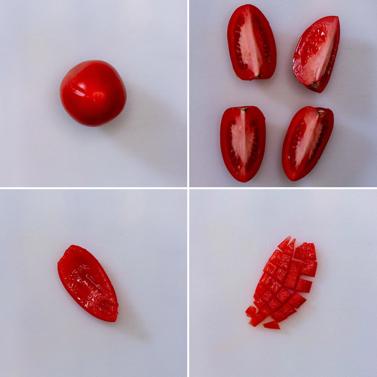 How to cut a fresh Roma tomato and remove seed and seed gel.