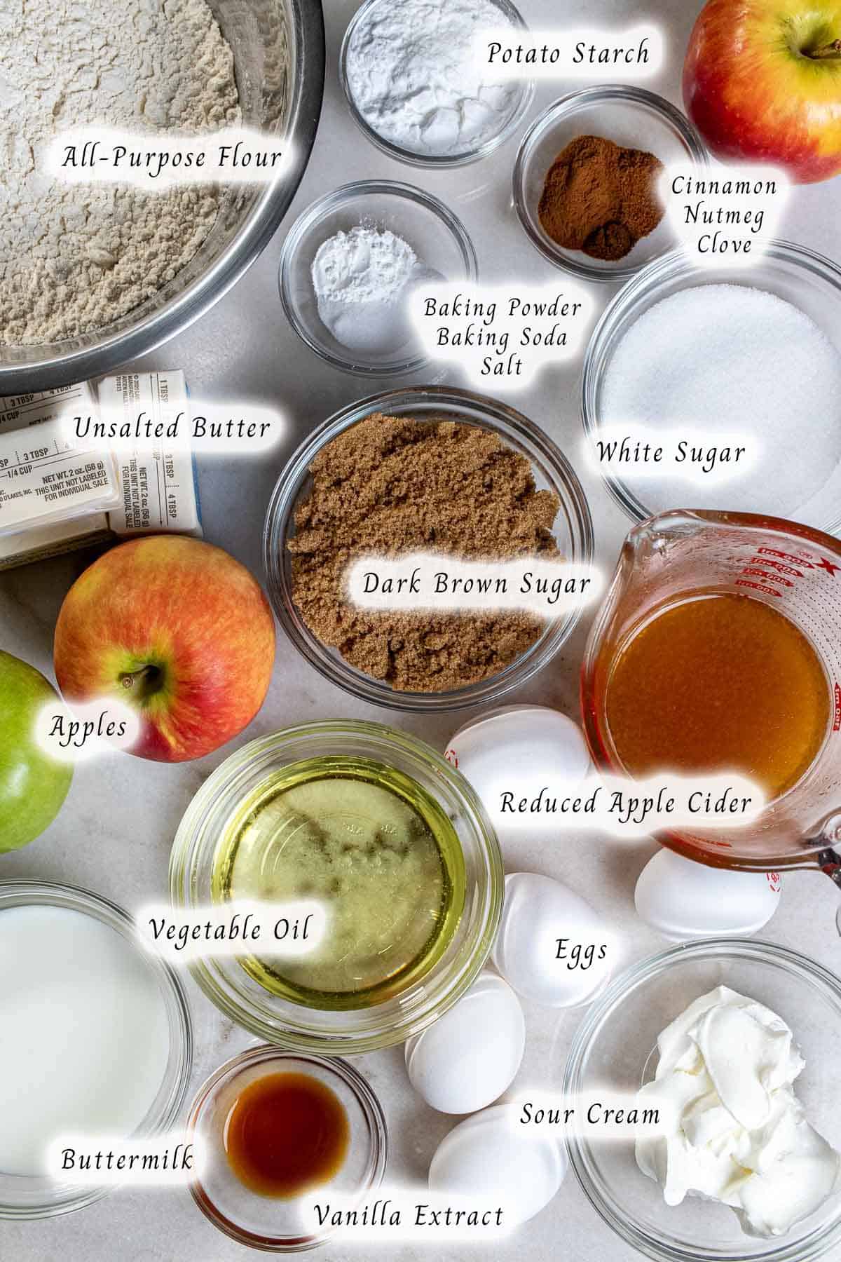 Ingredients for an apple cider Bundt cake.