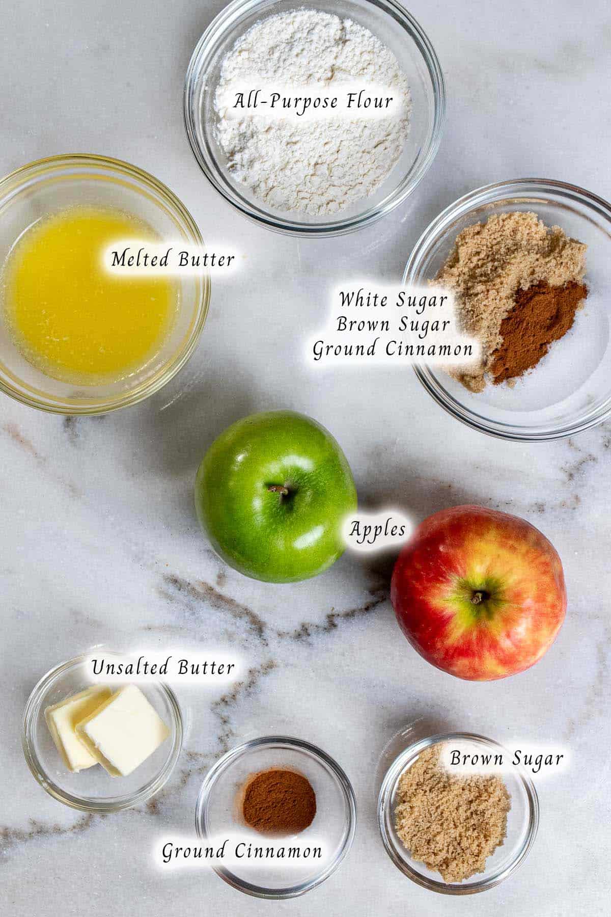 Ingredients for crumb topping and cooked apples for muffins.