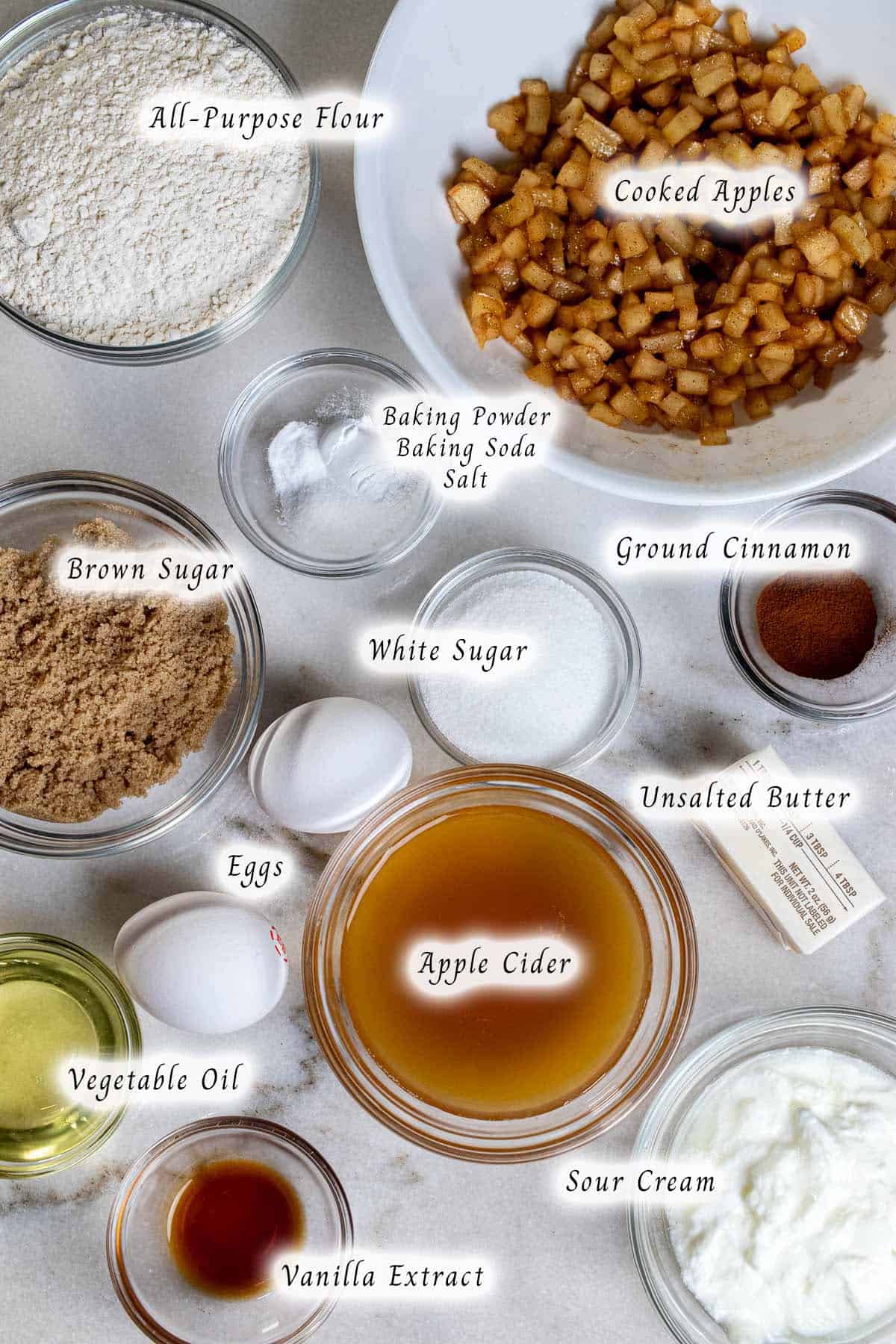 Ingredients for cinnamon apple cider muffins.