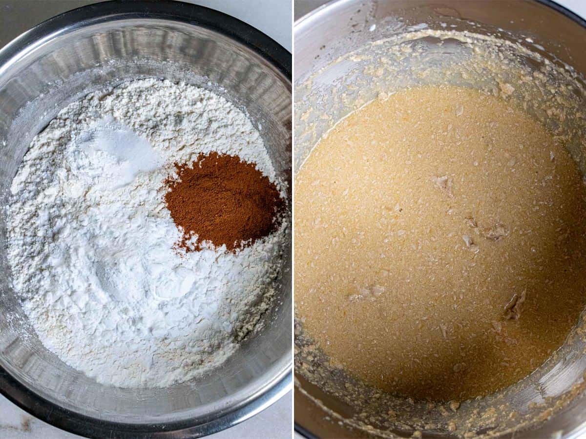 Mixing dry ingredients and then wet ingredients for an apple Bundt cake.