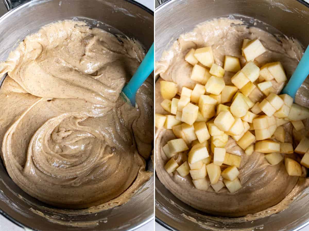 Complete cake batter and then folding in diced apples for apple cider Bundt cake.