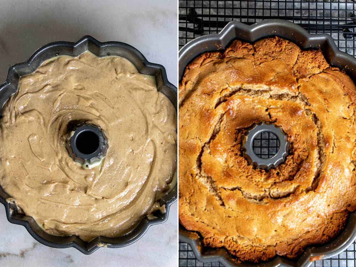 Before and after baking apple cider Bundt cake.