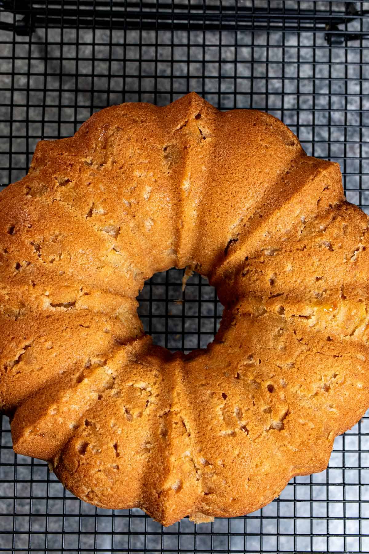 Cooked apple cider Bundt cake after removing from pan and inverting.