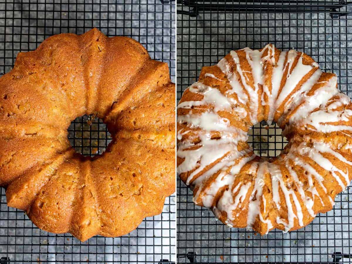 Apple Bundt cake after applying cider soaking solution and then drizzling cider glaze over cooled cake.