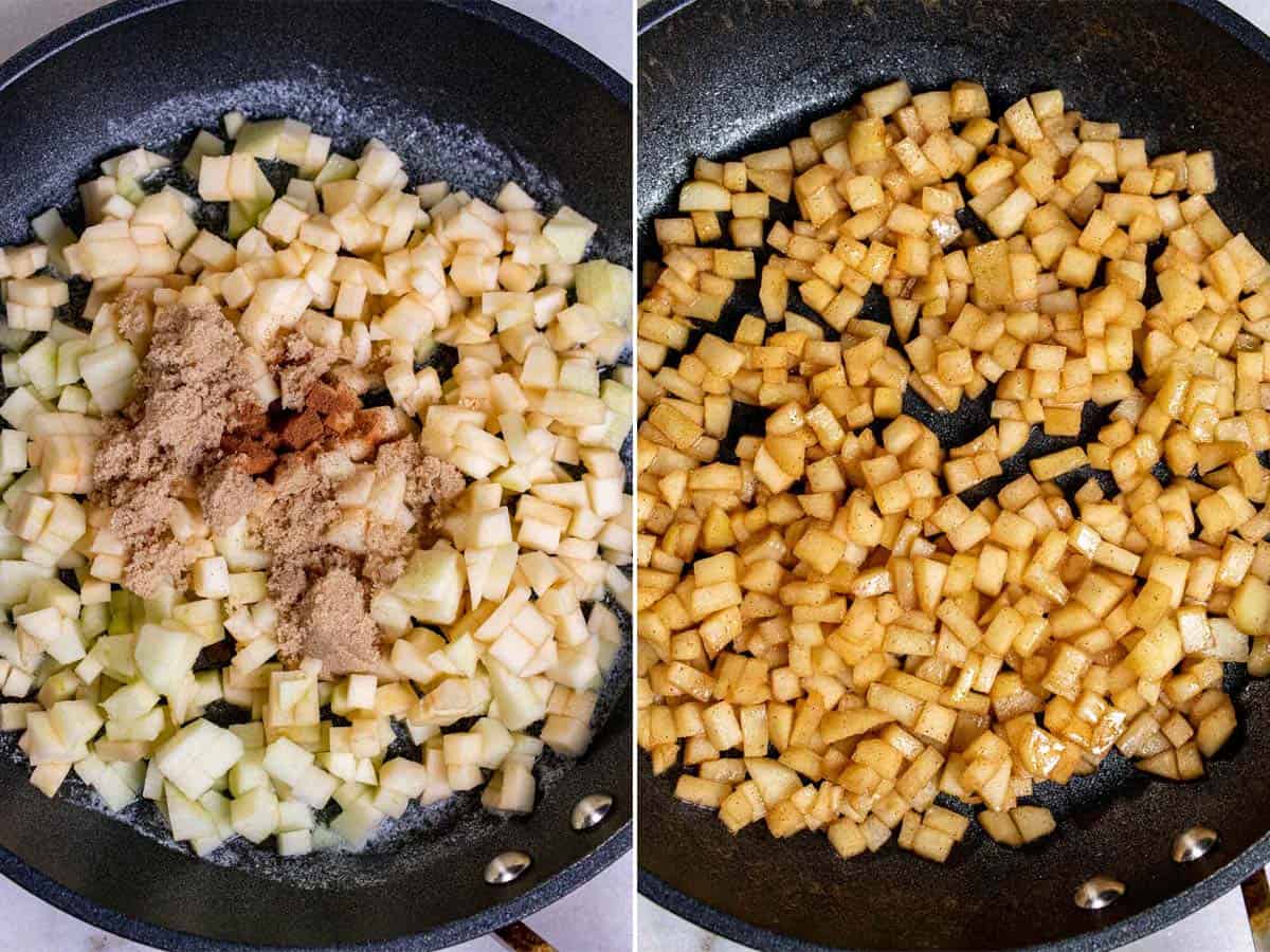 Cooking diced apples with butter, brown sugar, and cinnamon.