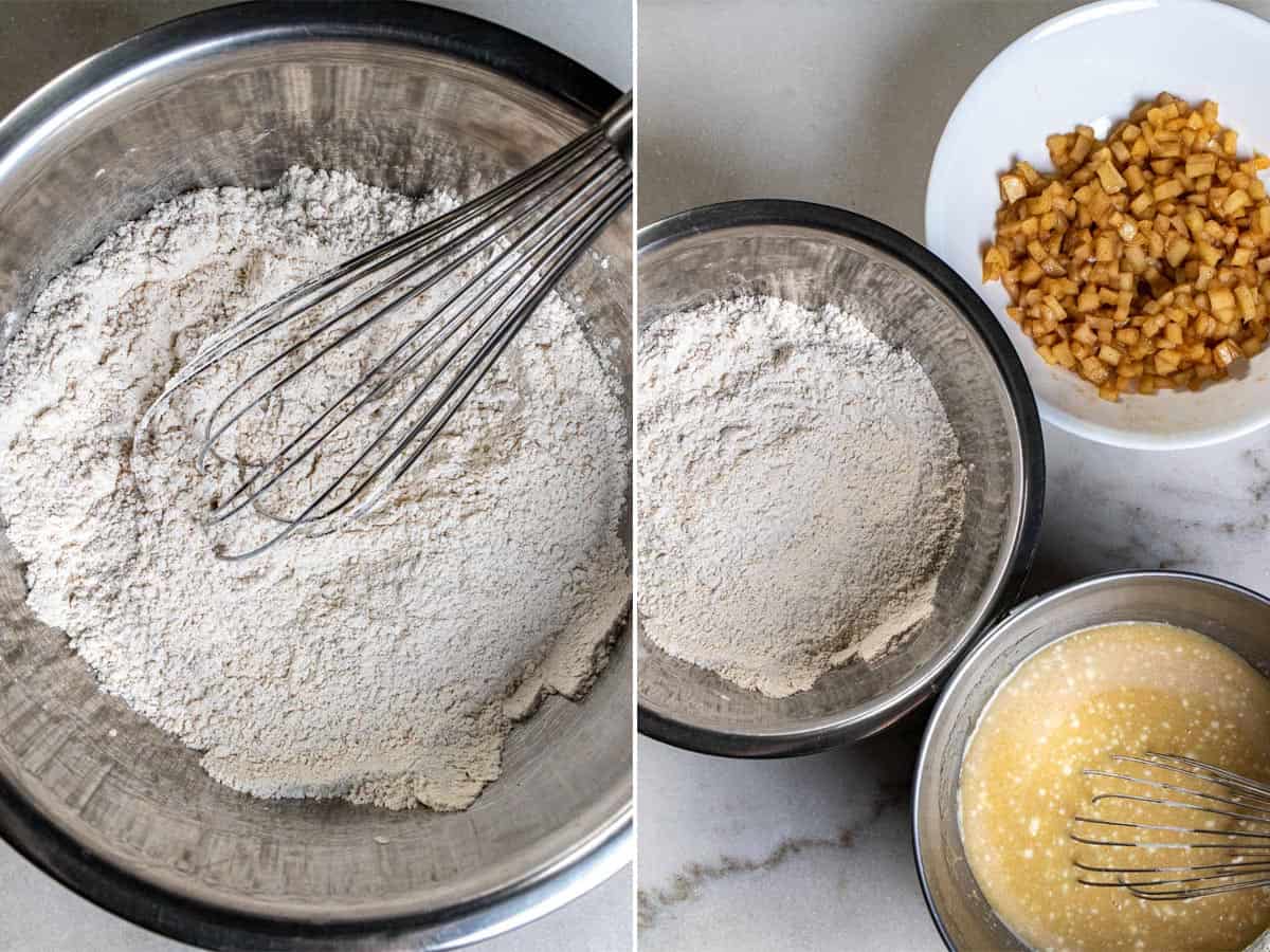 Mixing dry ingredients and wet ingredients for apple cider muffins in separate bowls.