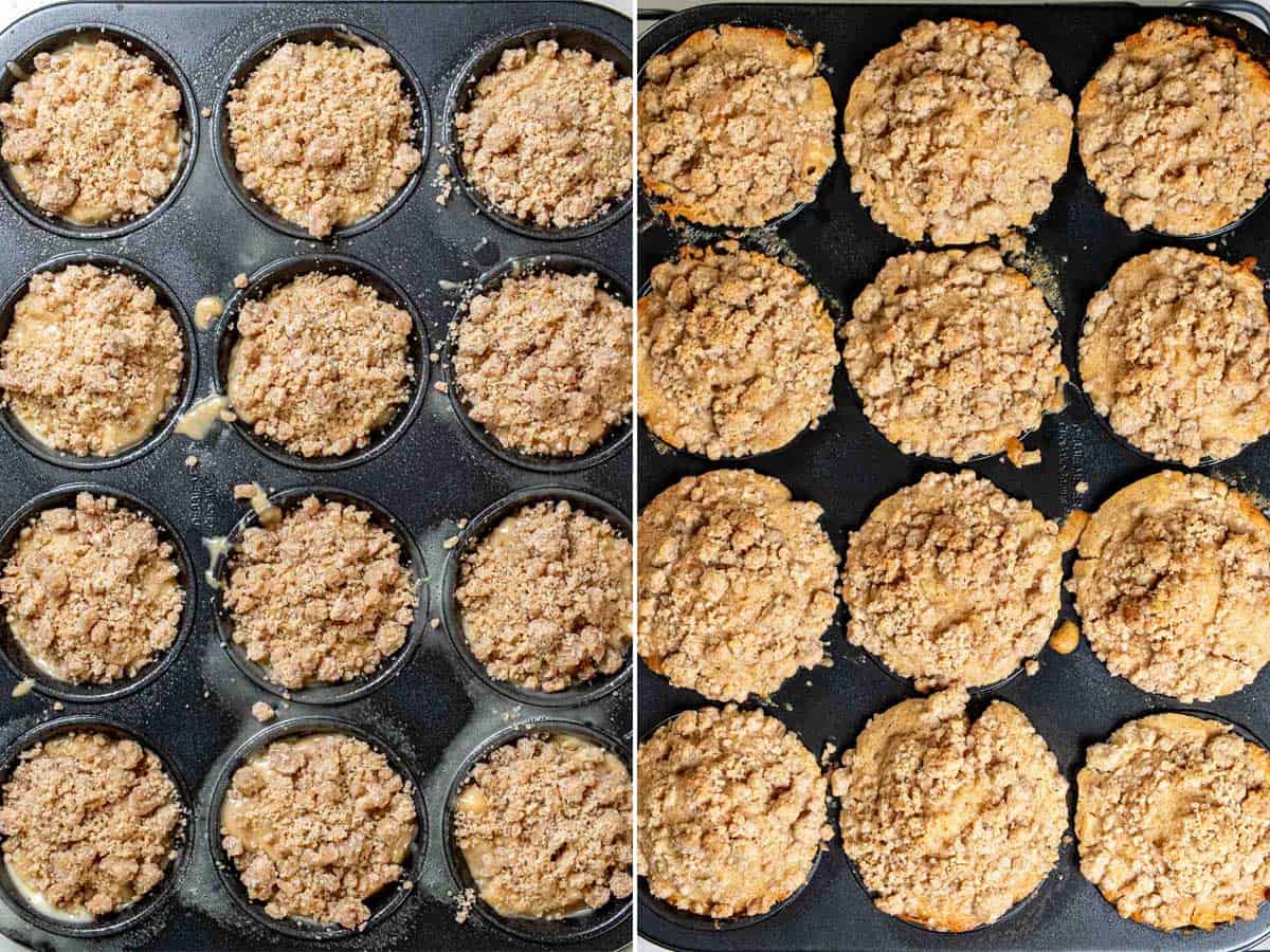Before and after baking cinnamon apple cider muffins.