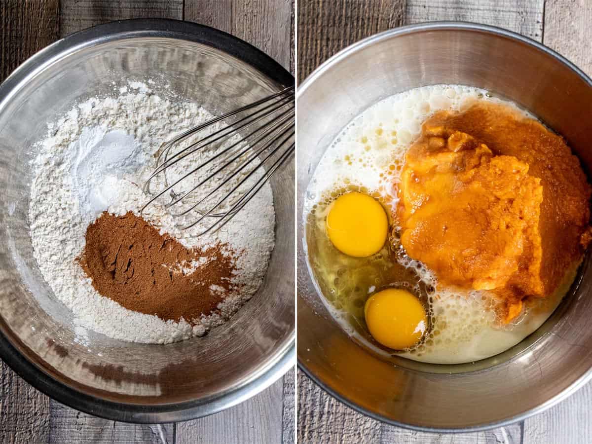 Separately combining dry and wet ingredients for pumpkin muffins.