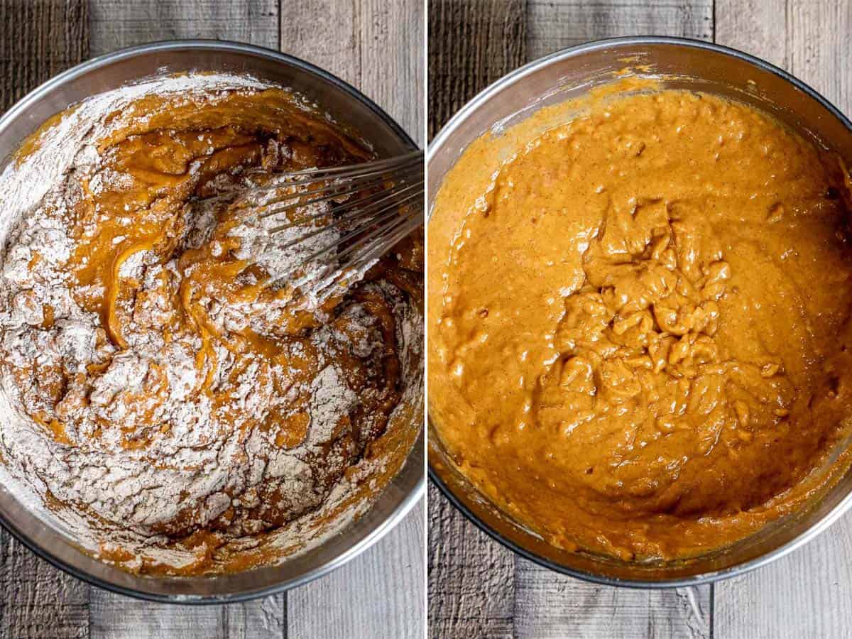 Adding the dry ingredients to the wet ingredients for pumpkin spice muffins.