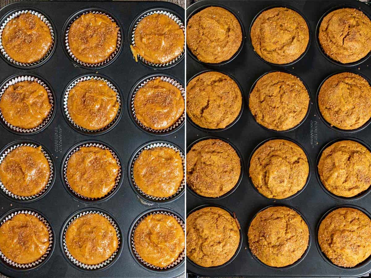 Before and after baking pumpkin spice muffins with a coarse sugar topping.