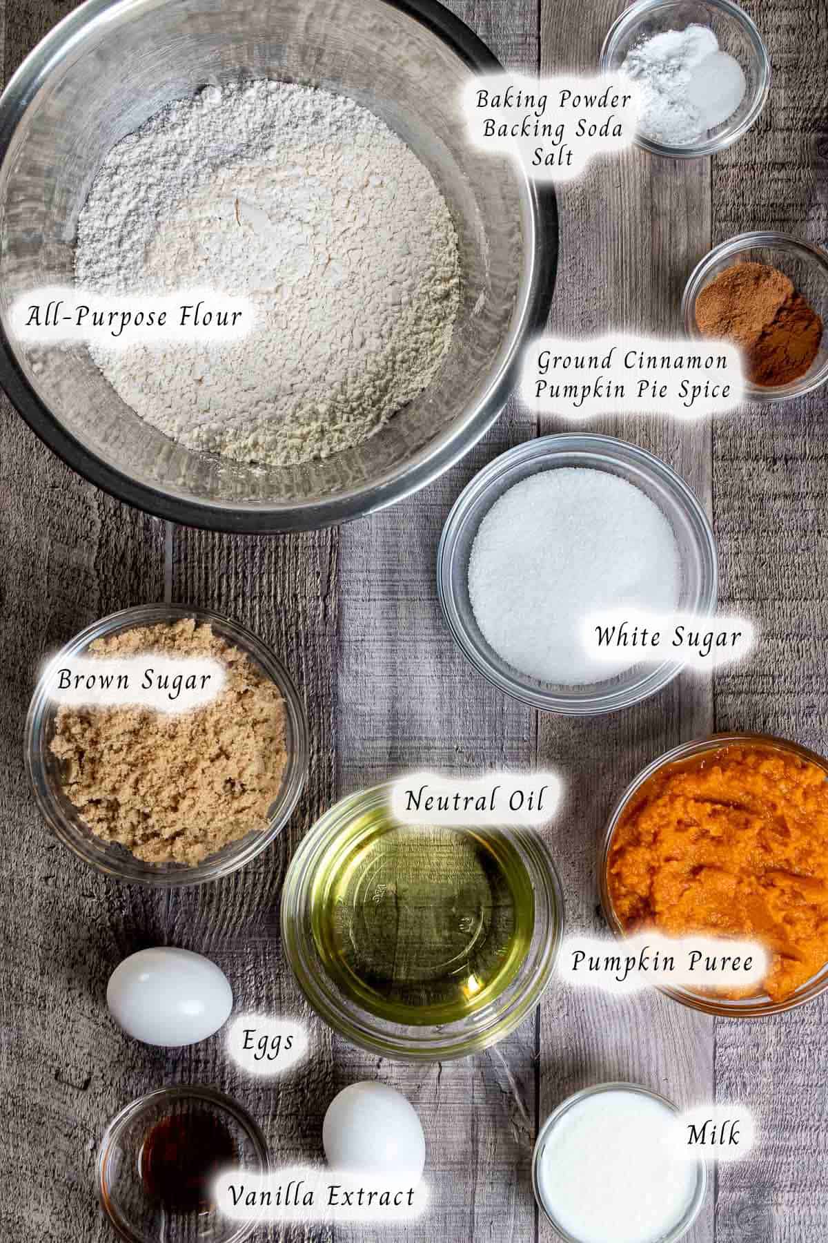 Ingredients for making pumpkin spice muffins.
