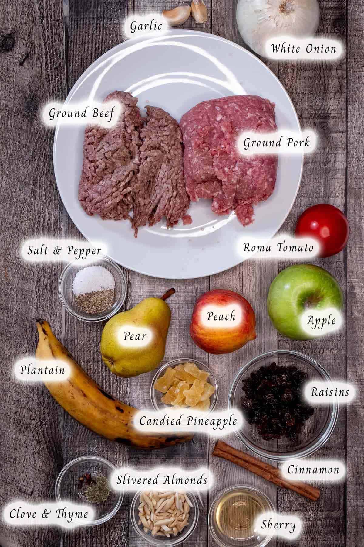 Ingredients for making the picadillo filling for chiles en nogada.