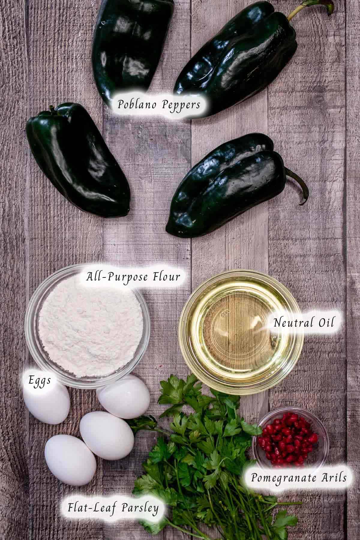 The ingredients for making fried poblanos and their topping.