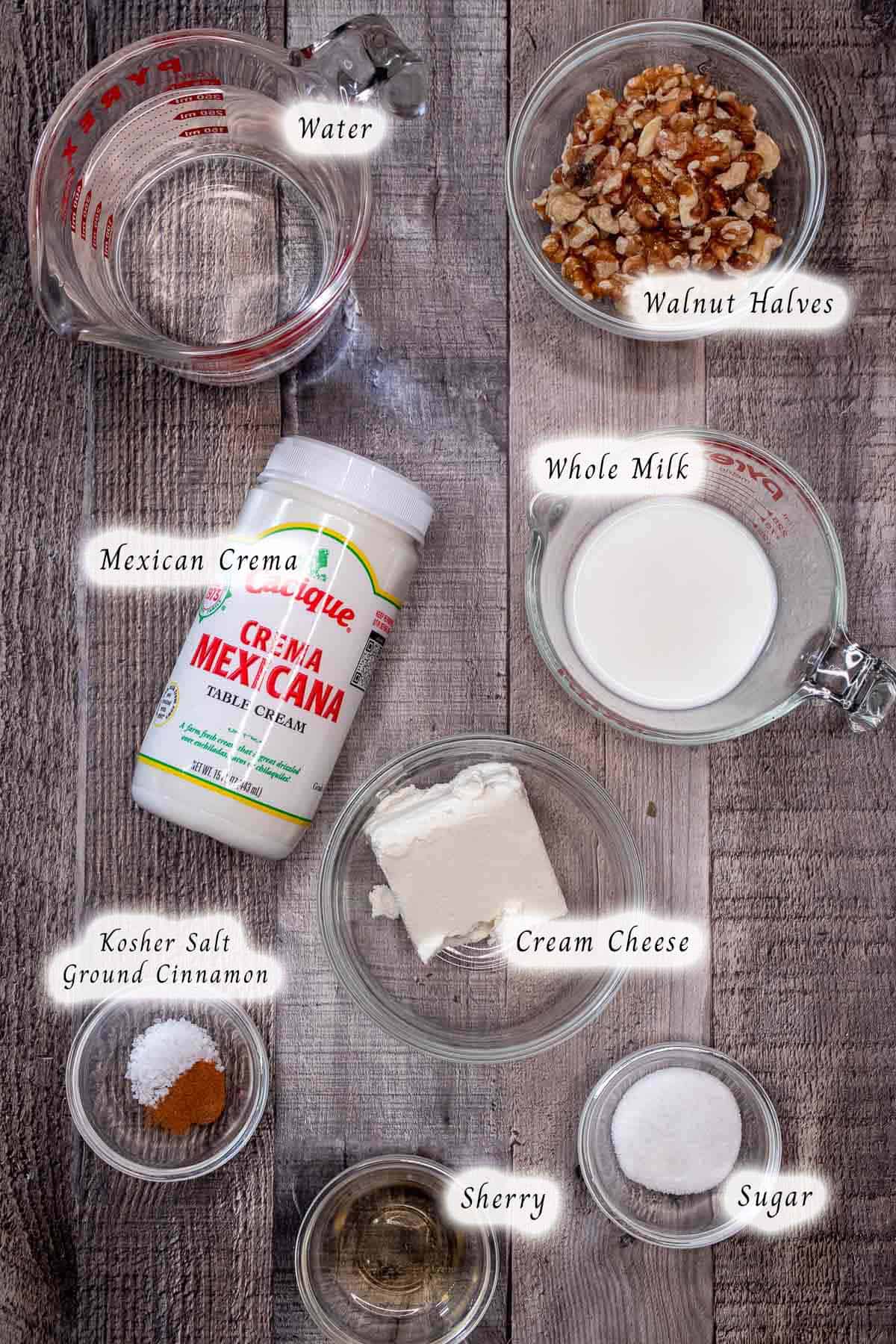 Ingredients for making the nogada, or walnut sauce.