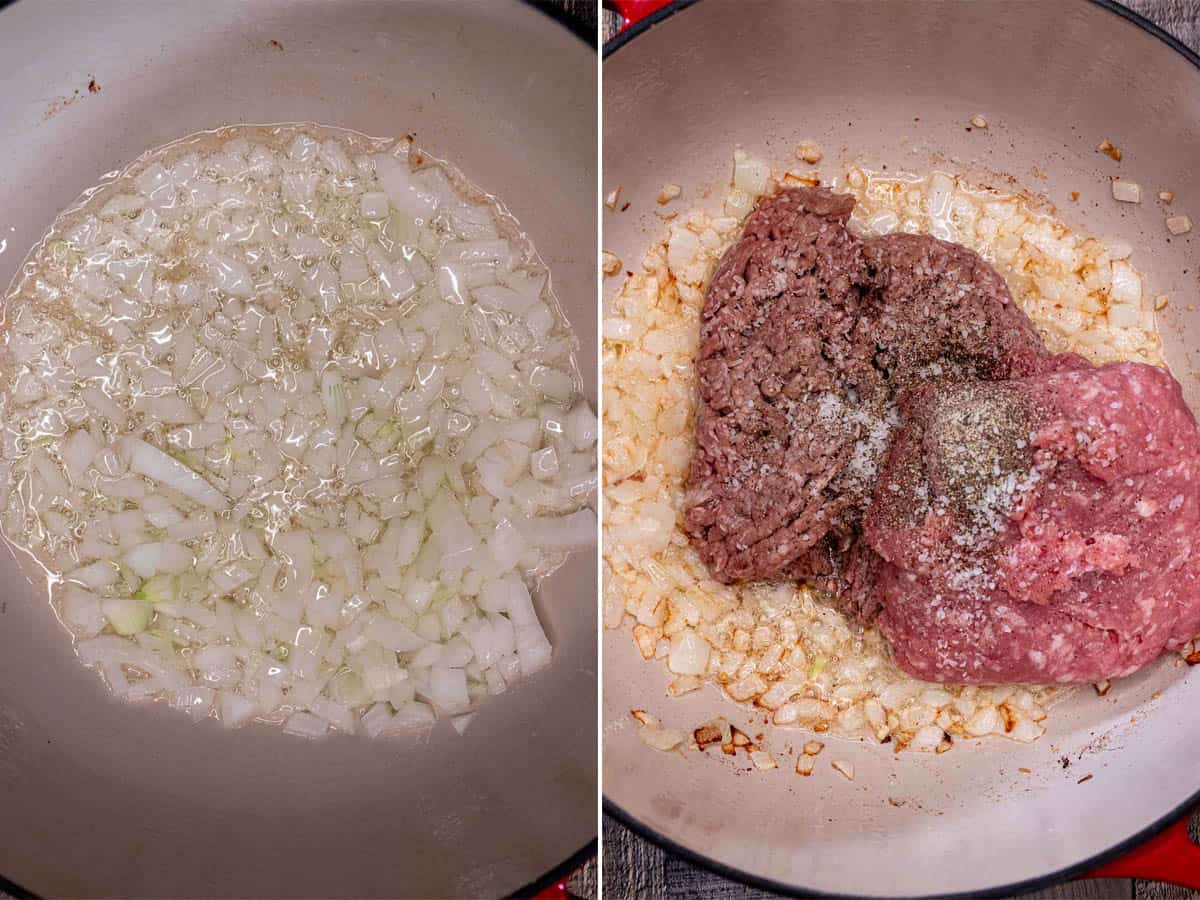 Cooking onions and garlic, then adding ground meat to begin making the chiles en nogada filling.