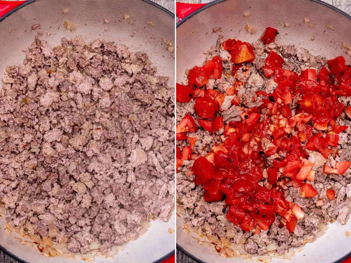 Once meat is almost cooked through, add diced tomatoes.