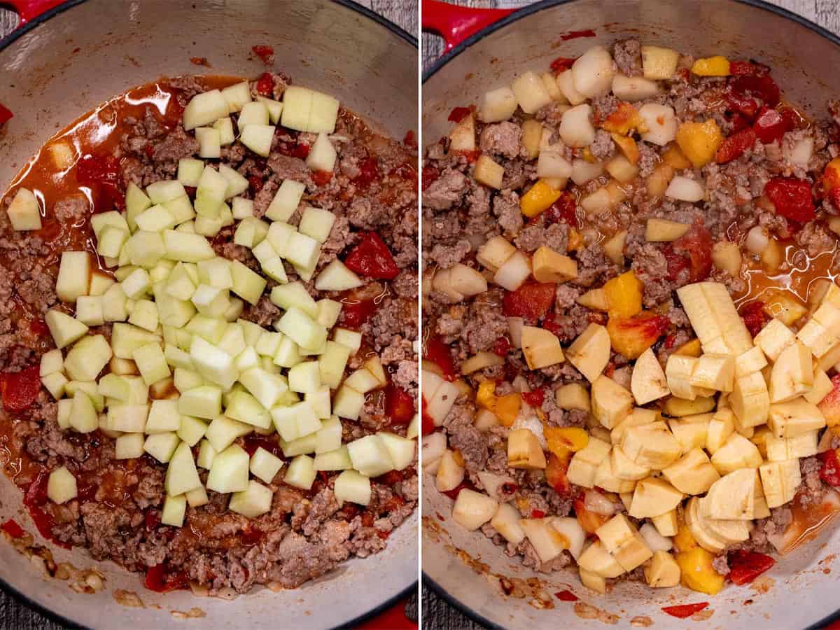 Adding the peeled and diced apple, then the rest of the fresh fruit to the picadillo.