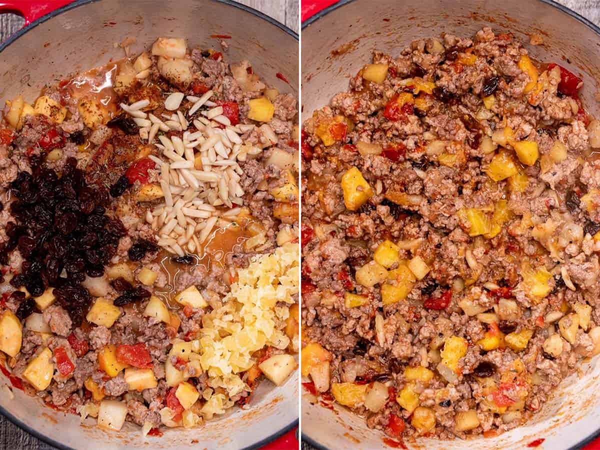 Finally, add the rest of the ingredients like nuts, raisins, and sherry and finish cooking the filling.