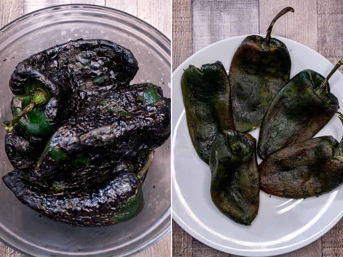 Roasting and skinning the poblano peppers.
