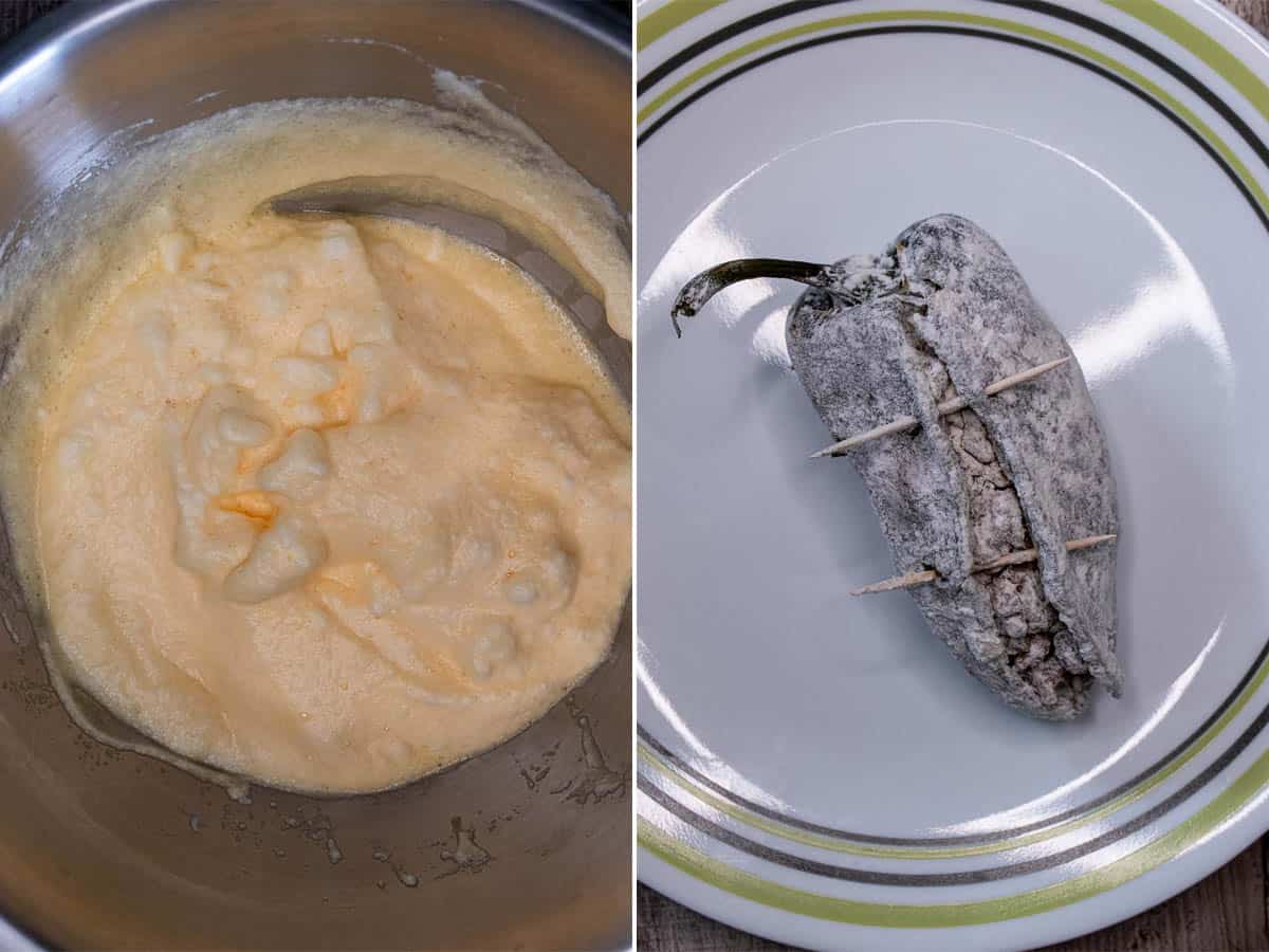 Making egg batter for poblanos, then coating the stuffed peppers in flour.