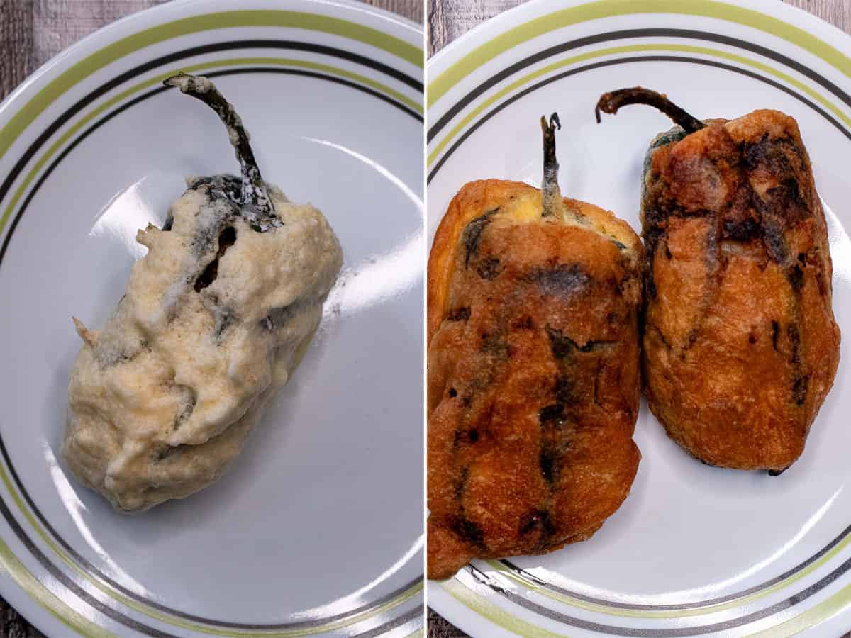 Before and after dipping the stuffed and floured poblanos in egg batter and shallow frying them.