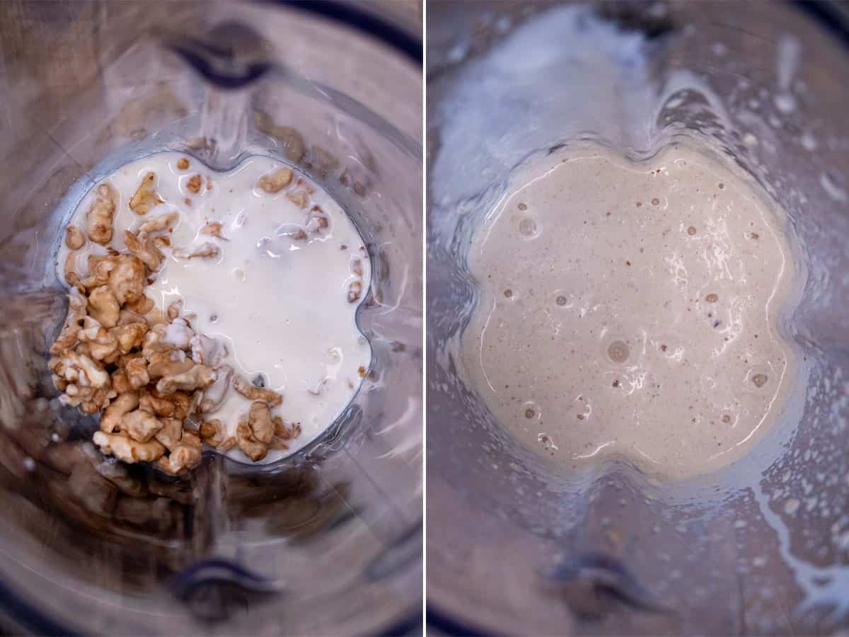 Adding skinned walnuts and liquid to a blender for the nogada and blending.