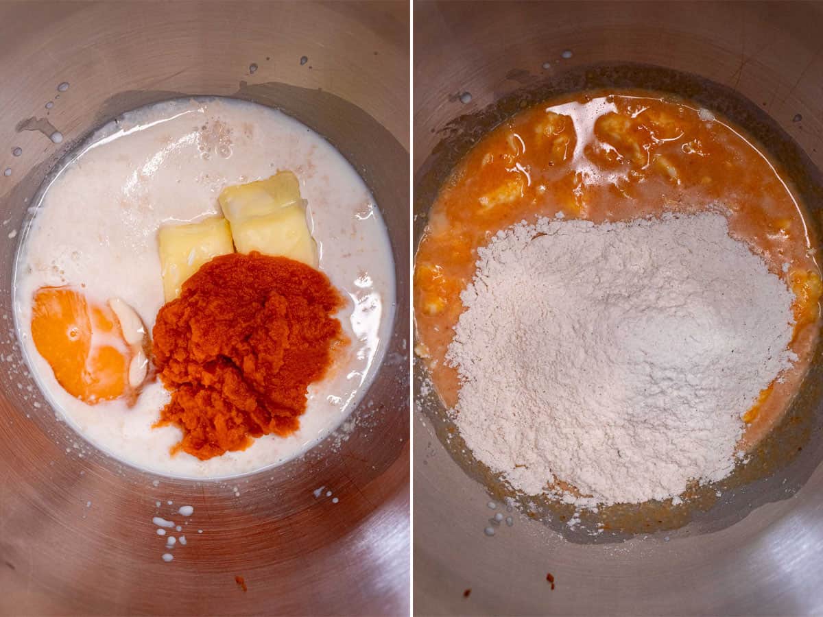 Mixing wet ingredients and adding flour to them.