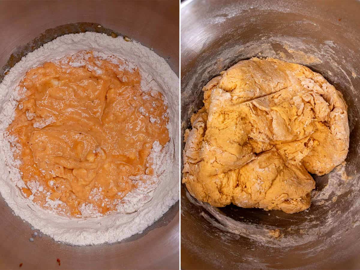 Adding the rest of the flour and then kneading pumpkin dough.