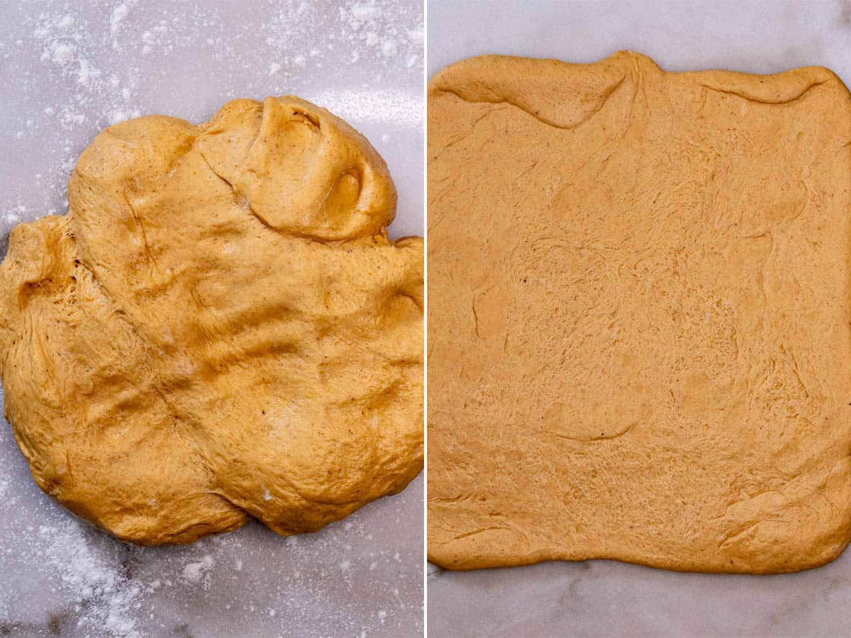 Punching down dough and rolling into a rectangle for cinnamon rolls.