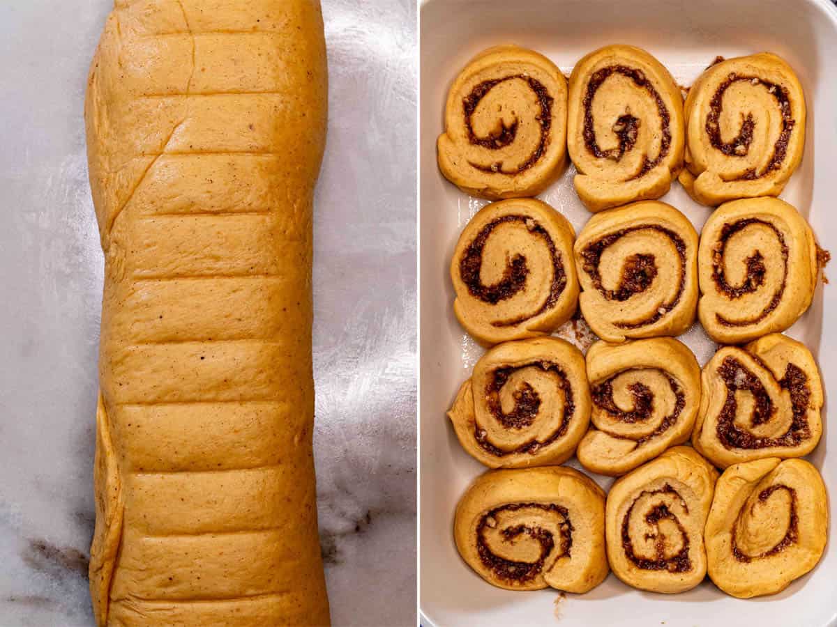 Cutting and transferring cinnamon rolls into a greased baking dish.