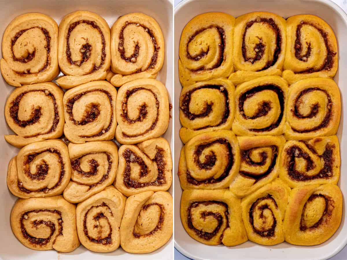 Before and after baking pumpkin cinnamon rolls.
