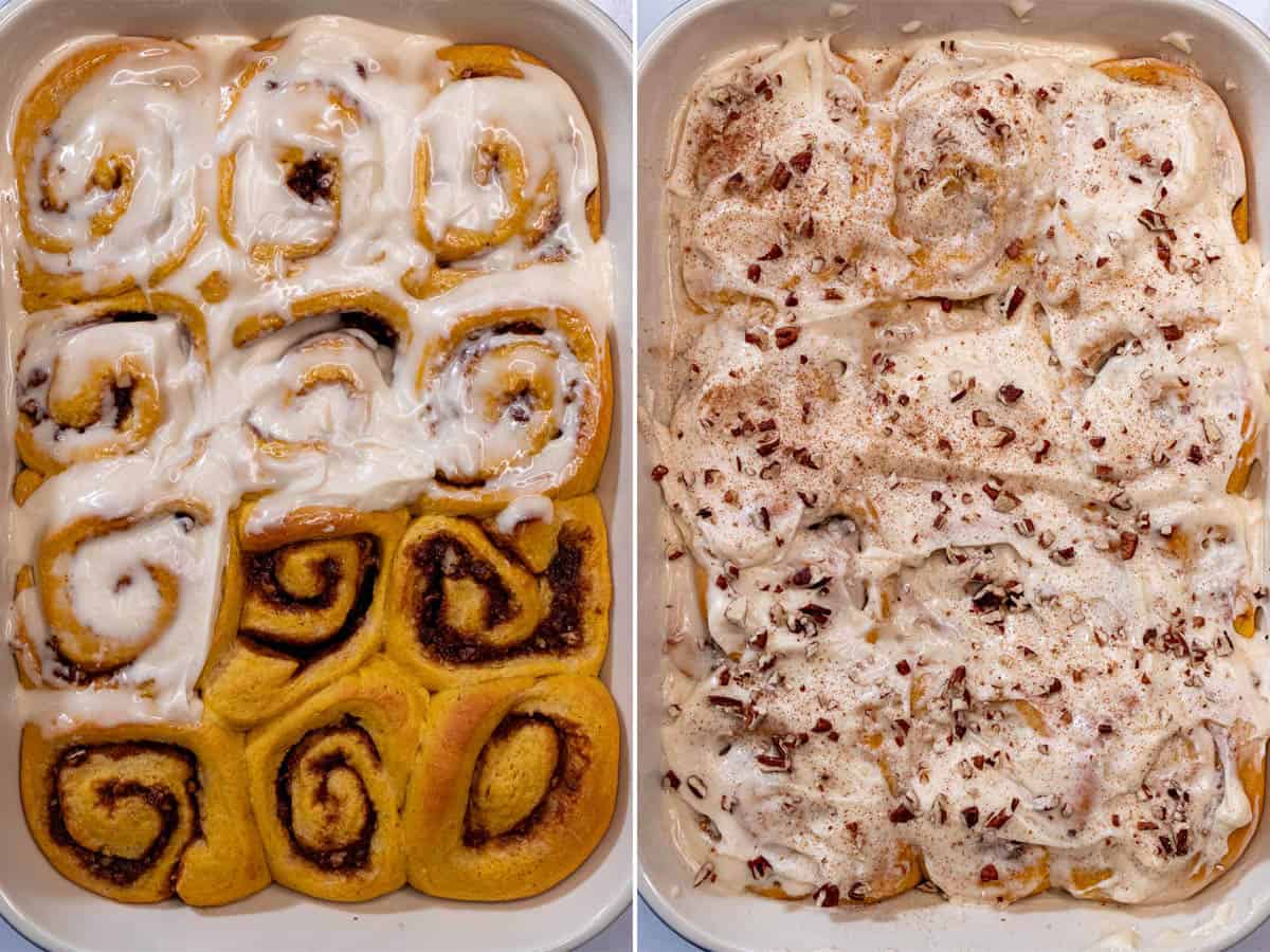 Frosting the pumpkin pecan cinnamon rolls while warm, then finishing and topping once cooled.