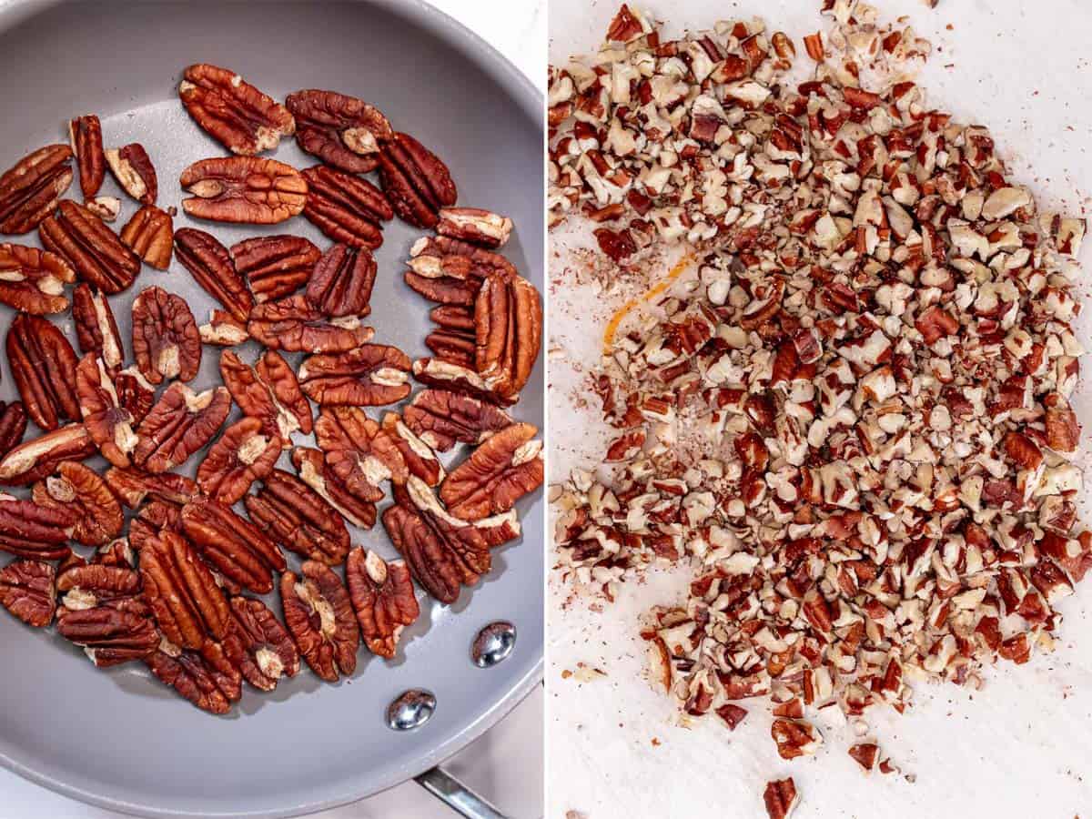 Toasting and chopping pecans for pumpkin pecan filling and topping.