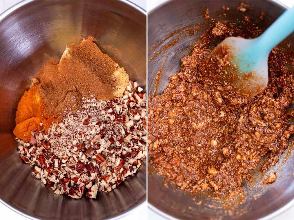 Mixing pumpkin pecan filling into a paste in a medium bowl.