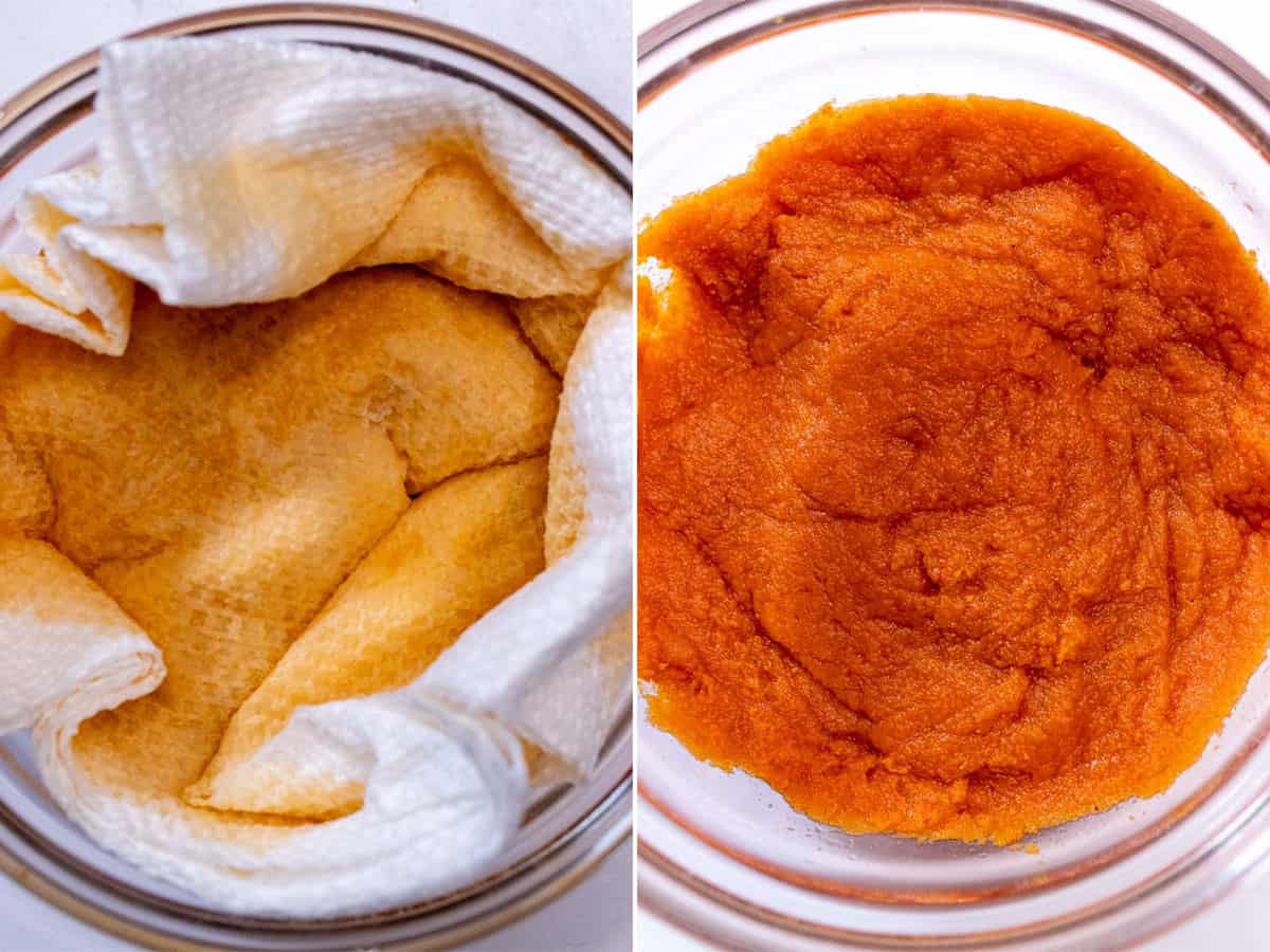 Blotting pumpkin puree with paper towels.